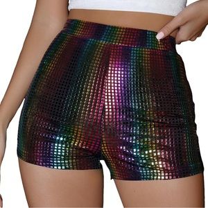 COZYEASE Women's Rainbow Stripe High Waist Metallic Party Club Shorts